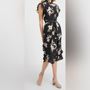 EUC Ralph Lauren Black & Orange Floral Dress Ruffled-Hem Crepe Dress Sz 10 *Q18